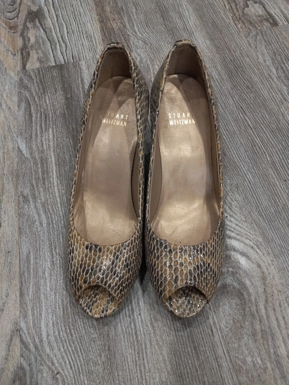 Stuart Weitzman Women's Ivory Snake Print Open Peep-Toe Heels